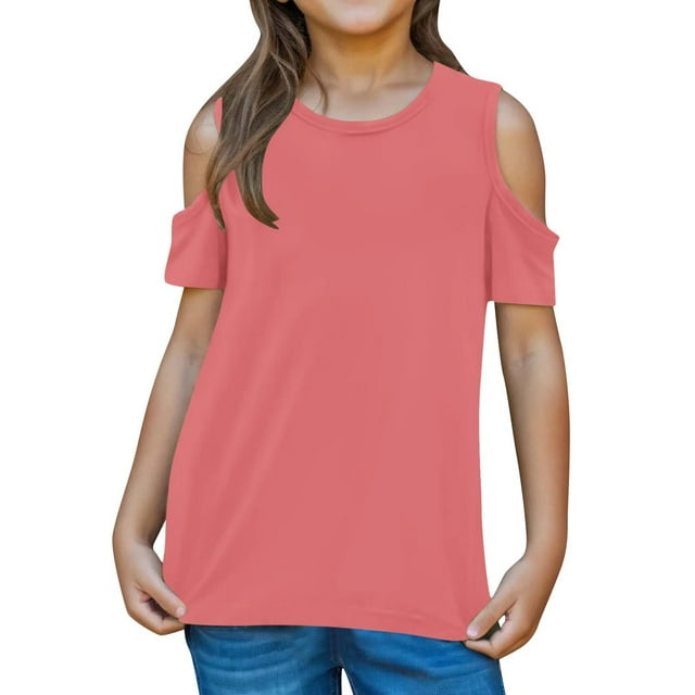 Plebaso Girls Cold Shoulder Tops Short Sleeve Crewneck Loose Shirts Solid Color Casual Blouses for Kids