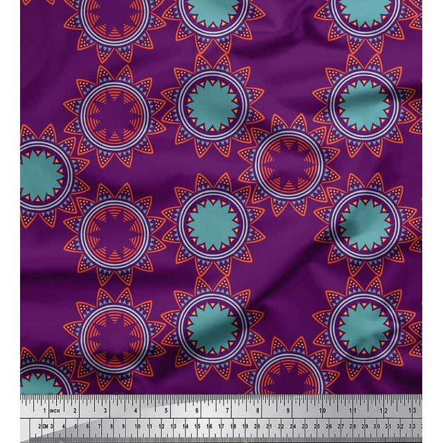 Soimoi Purple polyester Crepe Fabric Sun Mandala Decor Fabric Printed Yard 52 Inch Wide