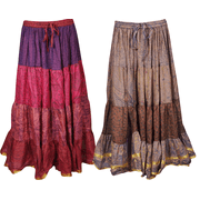 Mogul Lot Of 2 Pcs Womens Gypsy Skirts Vintage Silk Sari Flared Boho Chic Indian Long Maxi Skirt