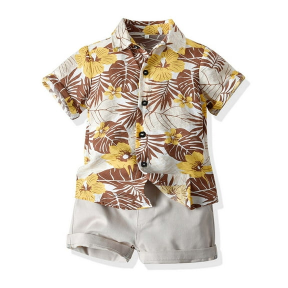 naisibaby Summer Boys Beach Style Cotton Suit, Kid Printed Short Sleeve Shirt Shorts Two-piece Set Khaki 5 T