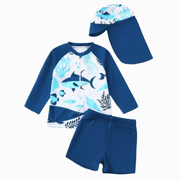 Ymyiu Toddler Boys Swimsuit Cover Up Baby-Boys Toddler Long Sleeved Swim Bathing Suit and Sun Hat Set 3 6 Months (Blue,3-6 Months)