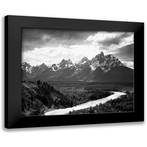 Adams, Ansel 14x12 Black Modern Framed Museum Art Print Titled - View from river valley towards snow covered mountains, river in foreground, Grand Teton National Par