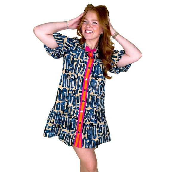 Women's Beige Abstract Print Bubble Sleeve Button-Up Mini Dress | [ZhiHiMeRi] | (US 16-18)XL