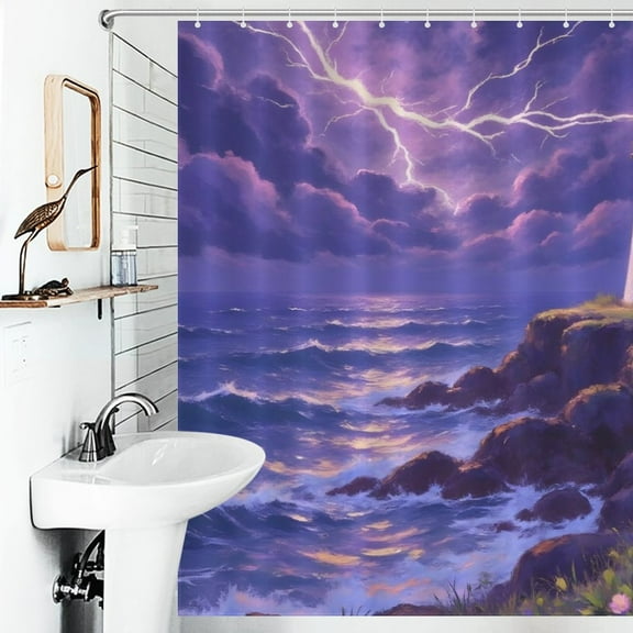 Light House Print Shower Curtain Art Style Bathroom Decor Shower Curtain with 12 Hooks,66inx72in