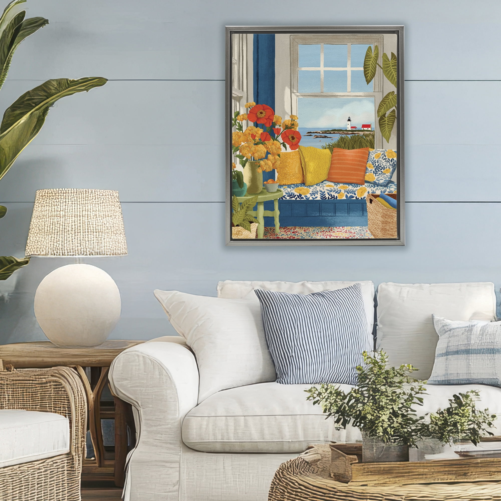 Stupell Industries Distant Lighthouse Window View Gray Framed Floater Canvas Wall Art, design by Lisa R Dumm