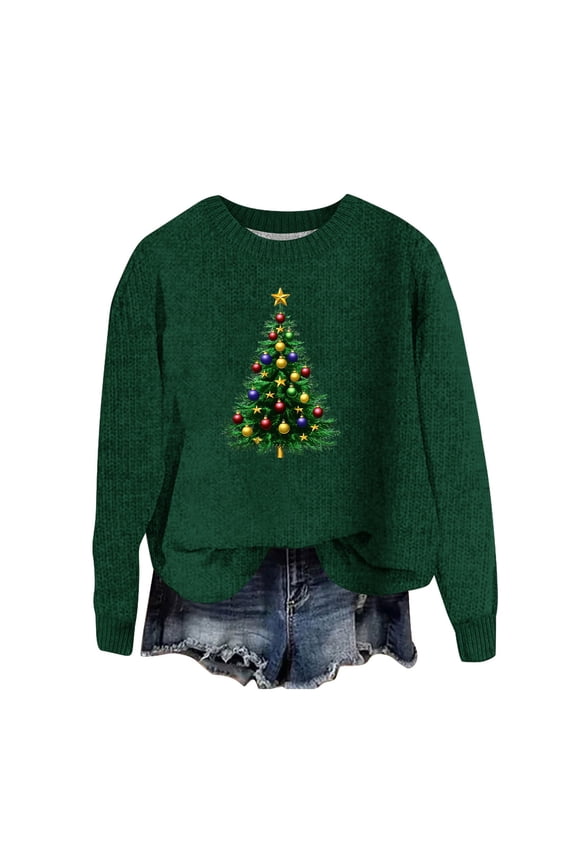 Xmas Sweaters for Women 2024 - Sweater for Women 2024, Womens Christmas Sweater Xmas Tree Printed Sweaters Long Sleeve Crewneck Pullover Sweater Tops