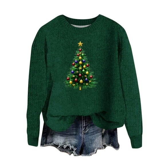 Caywon Women's Christmas Printed Sweater Round Neck Long Sleeve Knit Sweater Top Festive Christmas Patterns Classic Round Neck Design