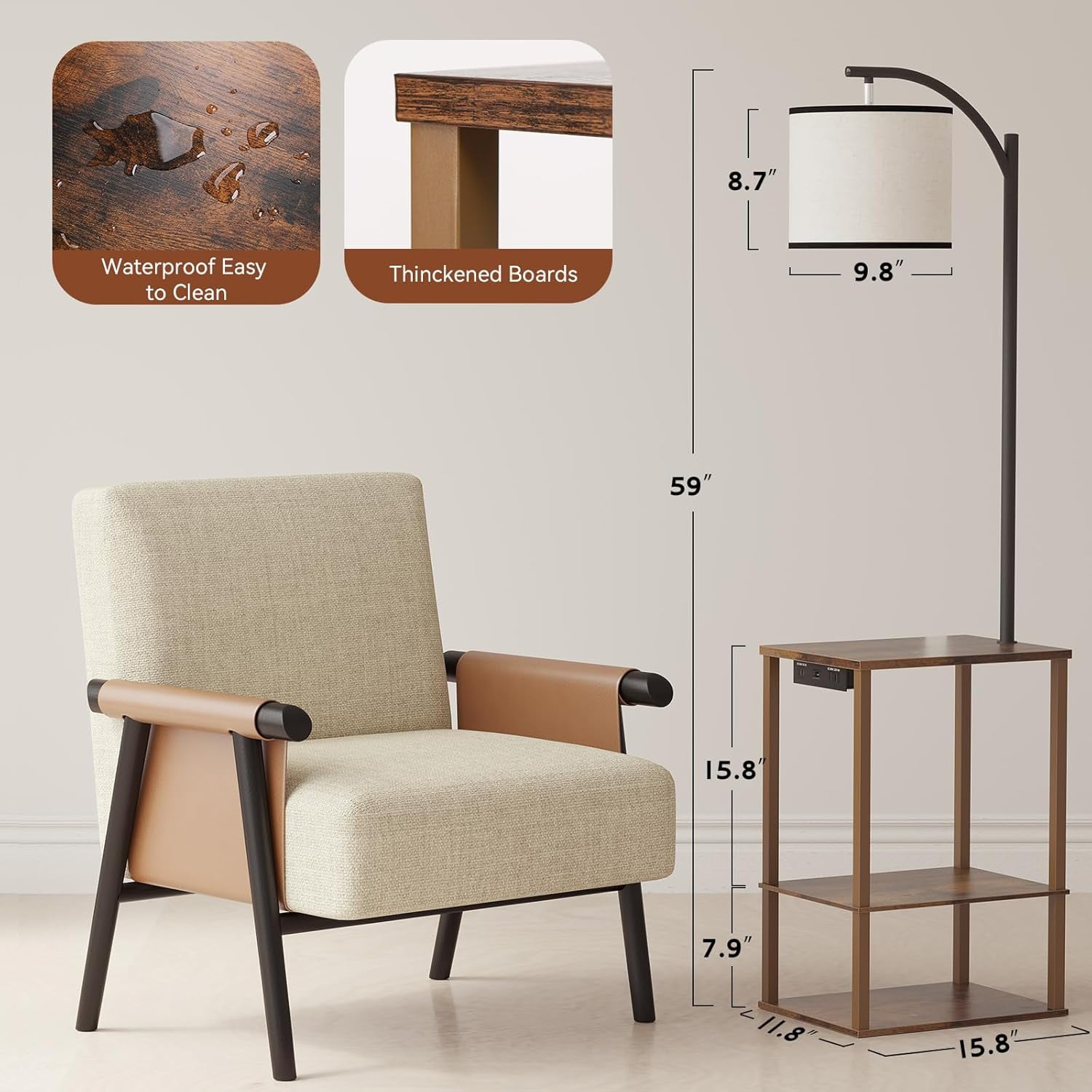 Floor Lamp with Table, End Table for Living Room with Lamp, Shelves Side Table with Charging Station(USB & AC Port), 3 Color Temperature LED Bulb, Modern Nightstand Lamp for Bedroom, Office