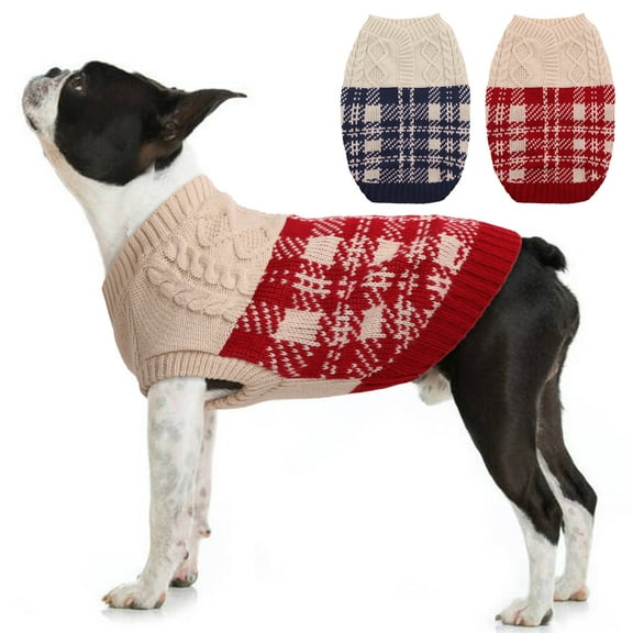 Kuoser Dog Cat Sweater, Warm Puppy Plaid Knitwear Jumper with Knitting Pattern, Soft Cotton Doggie Hoodie Winter/Autumn Pet Pullover Shirt for Small and Medium Dogs Cats, Red & Blue