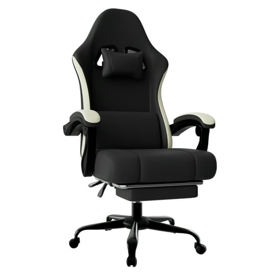 Ergonomic Gaming Chair w/ Spring Cushion, Breathable Fabric, Footrest, Adjustable Lumbar Support for Adults(Black)
