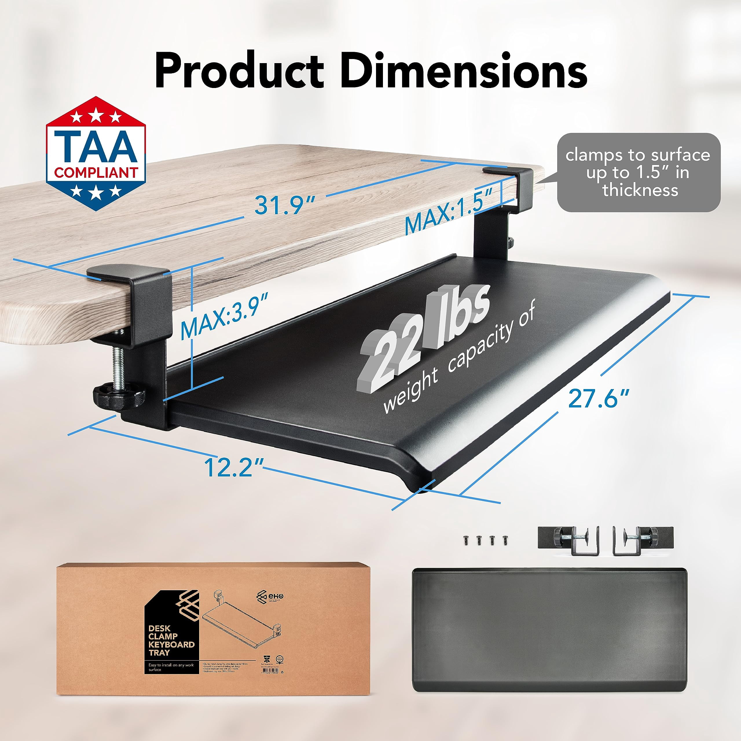 Under Desk Tray  Large 27.5" X 12.2" Slide-out Clamp-on Drawer With Steel C-clamps Platform Fits Full-size And Mouse Tool-free Installation Taa-compliant