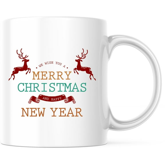Merry Christmas & Happy New Year Mug | Holiday Reindeer Mug | Winter Festive Coffee Cup | Christmas Gift for Coffee Lovers - 11 Ounce Novelty Coffee Cup - WMUG0242