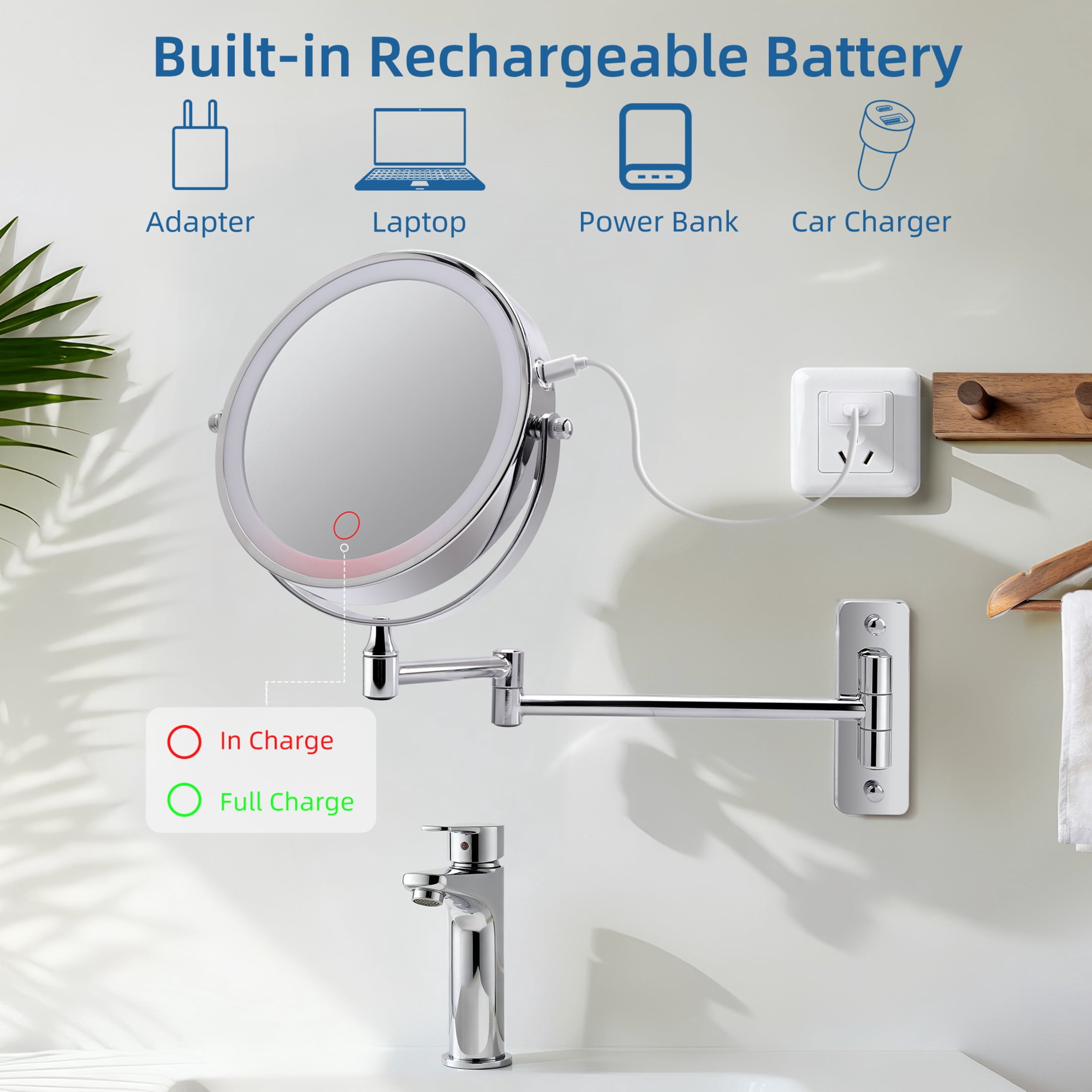 Noble House 8.9" Rechargeable Wall Mounted LED Makeup Mirror, Brushed Double-Sided Rotation Vanity Mirror, Chrome