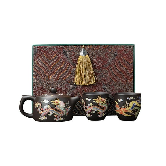 Pekkaxy Temperature Change Teapot Set with Dragon Phoenix Design, 5.6 Inch Pot & 2.8 Inch Cups, Color-Changing Magic with Hot Water, Perfect for Gongfu Tea Ceremonies and Collectors