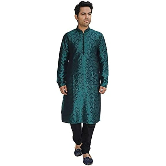 Royal Men's Jacquard Green Silk Kurta Churidar