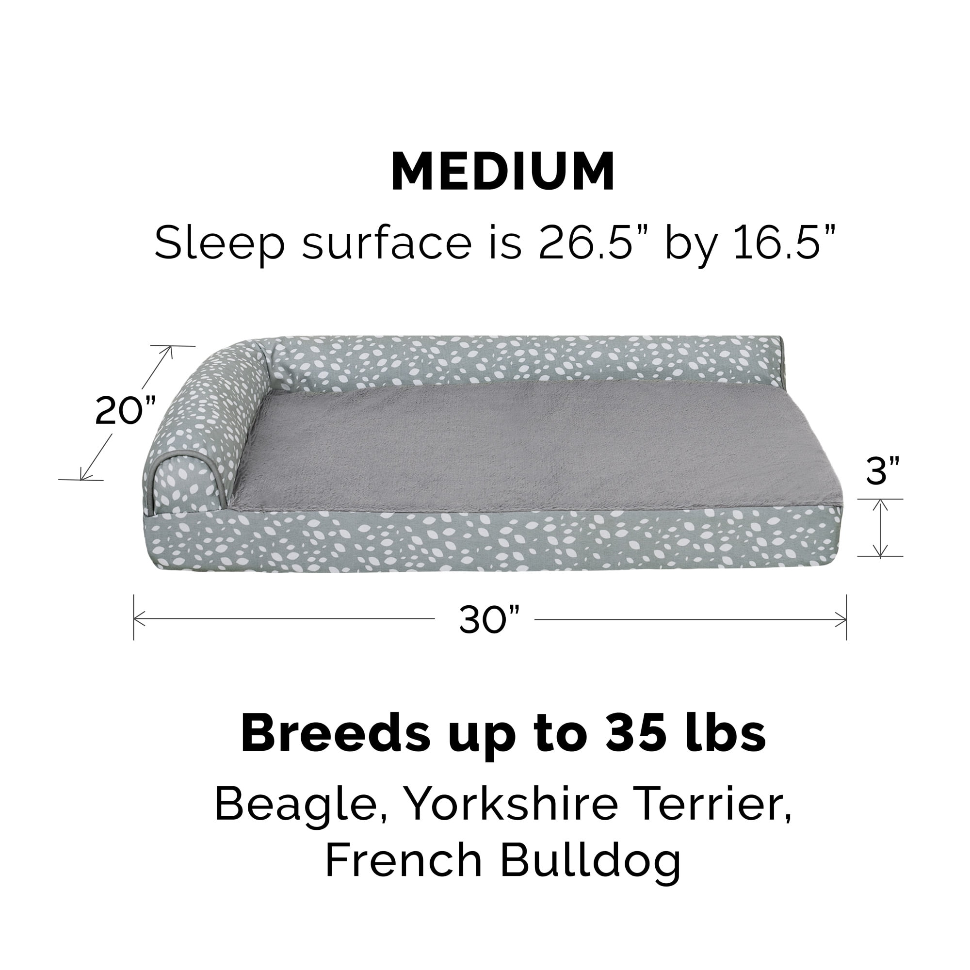 FurHaven Pet Products Plush Faux Fur & Almond Print Orthopedic Deluxe L-Chaise Sofa Pet Bed for Dogs & Cats - Gray Almonds, Medium