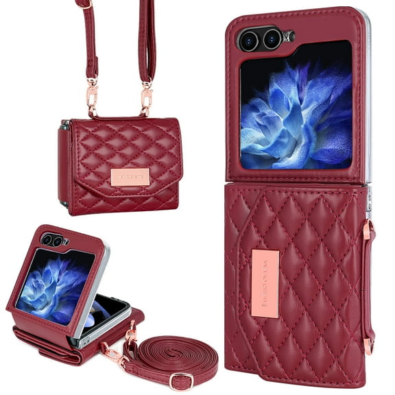 for Samsung Galaxy Z Flip 6 Case with Card Slots, [Crossbody Strap] [RFID Blocking] Women Girls PU Leather Wallet Case Lanyard Crossbody Bag Phone Case for Samsung Galaxy Z Flip 6,Red