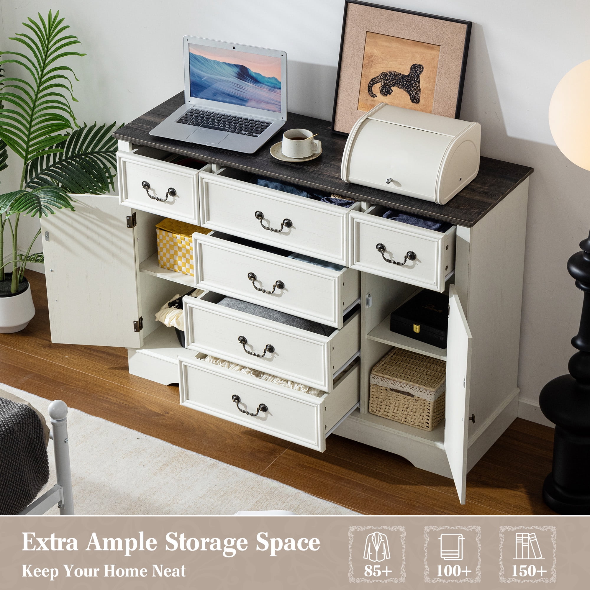 EnHomee 6 Drawers Dresser with Barn Door,Wooden White Dressers for Bedroom,Chest of Drawers for Living Room Entryway Hallway,47.2" Wx33.5 H x15.7 D