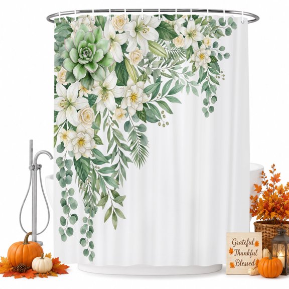 White Lilies Shower Curtain, Waterproof Shower Curtains for Bathroom, Succulents Green Leaf Rustic Botanical Washable Fabric Bathtub Curtain Set Bath Decor with 12 Hooks Long 72"x84"