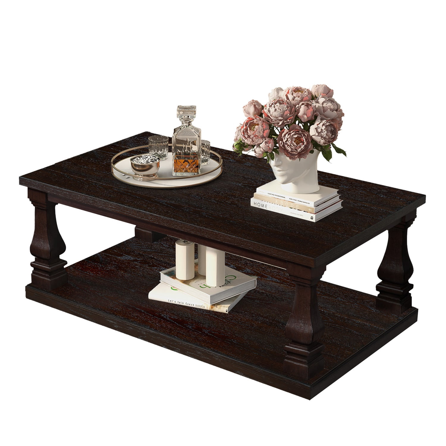 Hommoo Farmhouse Wood Coffee Table 46 Inch Rectangular with Open Shelf Storage, Rustic Living Room Center Table, Espresso