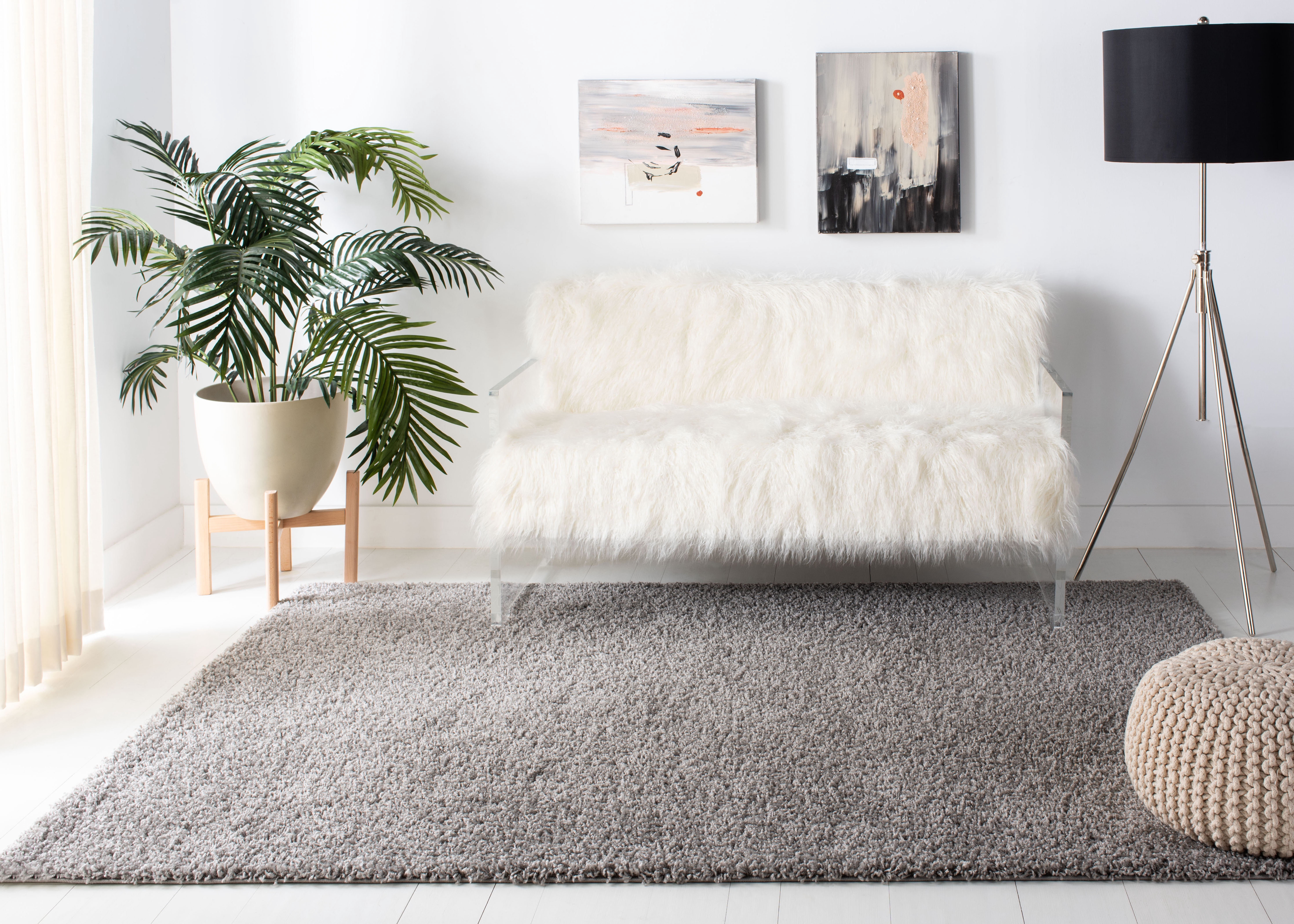 SAFAVIEH Primo Mason Solid Plush Shag Area Rug, Light Grey, 9' x 12'