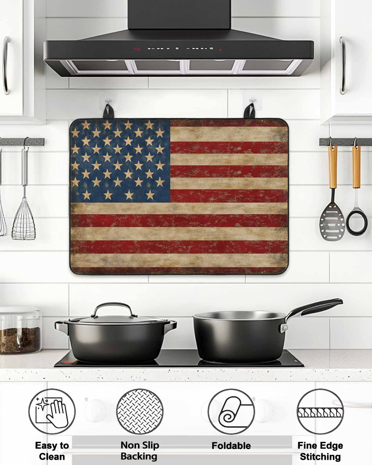 Stove Top Covers for Electric Stove, Vintage American Flag Glass Stovetop Cover Protector, Retro USA Flag Blue Red Induction Cooktop Protector Oven Mat for Kitchen Countertop 24"x21"