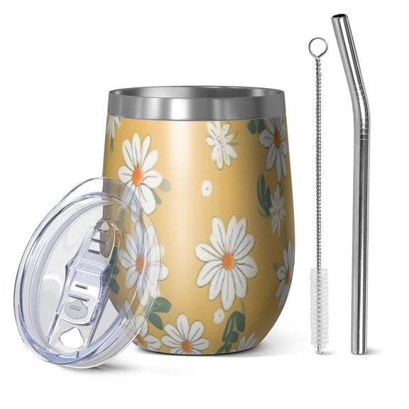12oz Stemless Wine Tumblers Yellow Daisy Flower Pattern Vacuum Insulated Stainless Steel Travel Tumbler Cups Mug with Lid and Straw for Champaign,Cocktail,Beer with Cleaning Brush