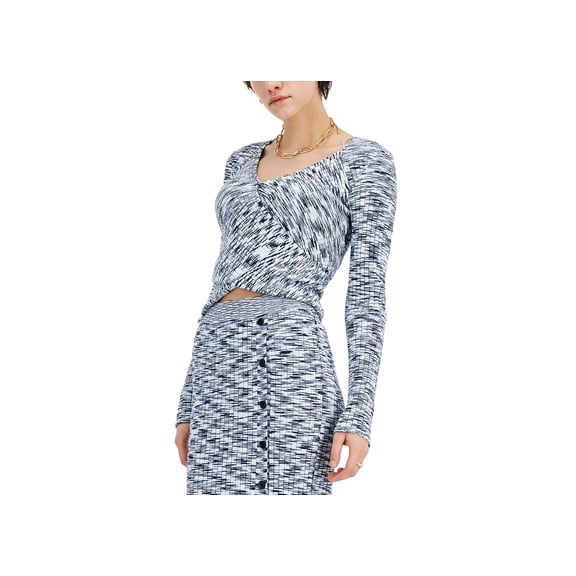 INC International Concepts Marled Cropped Surplice Sweater White L