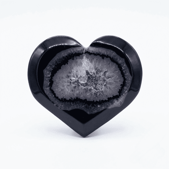 Natural Black Banded Agate Geode Heart, Polished Druzy Crystal Slice Cluster, Unique Banded Onyx Pocket Stone for Home Decor, Office Desk Display, Rare Mineral Specimen Gift (6-9cm)
