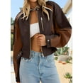 thumbnail image 2 of Womens Faux Leather Bomber Jackets Cropped Zip Up Color Block Fall Casual Moto Biker Coats, 2 of 6
