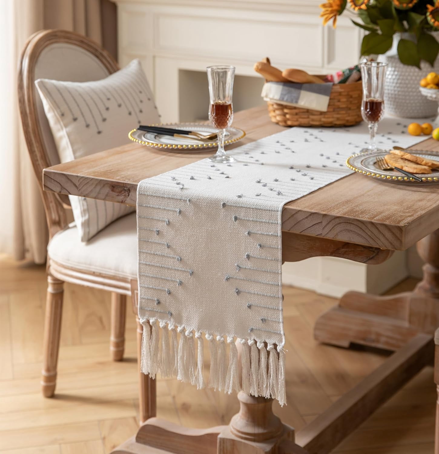 Boho Table Runner 13 x 90 Inch Long Natural Cotton Woven Runner with Tassels for Home Dining Table décor, for Modern Farmhouse Decor Coffee Table Runner, Taupe and Beige