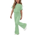 thumbnail image 2 of Teen Girls Solid Color Clothes 2 Piece Outfit Classic Short Sleeve Tee Basic Top Bell Bottom Pants Set Casual Flare Trouser Sweatsuit Activewear Suit, 2 of 7