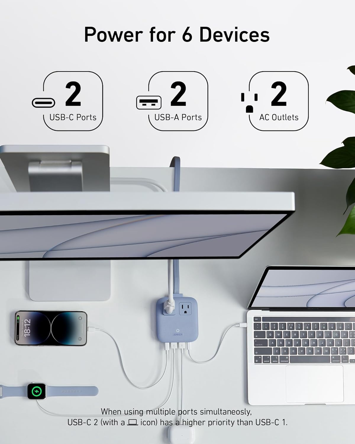 Anker Nano Charging Station(67W Max), 6-in-1 USB-C Power Strip Compatible for iPhone 16/15&MacBook, with Flat Plug and 5ft Thin Undetachable Extension Cord, 2 AC, 2 USB-A, 2 USB-C, for Home & Office