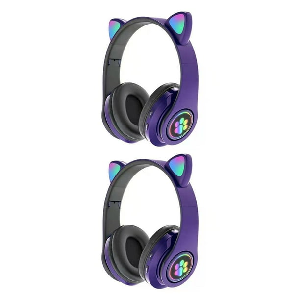 Seitruly Auriculares inalámbricos con orejas de gato Bluetooth 5.0 Auriculares con luces LED Regalo para niños Violeta 2Conjunto
