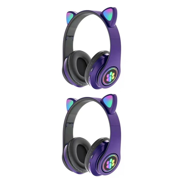 Methold Auriculares inalámbricos con orejas de gato y luz de Flash, auriculares inalámbricos con micrófono que pueden controlar LED, casco de música Violeta 2piezas