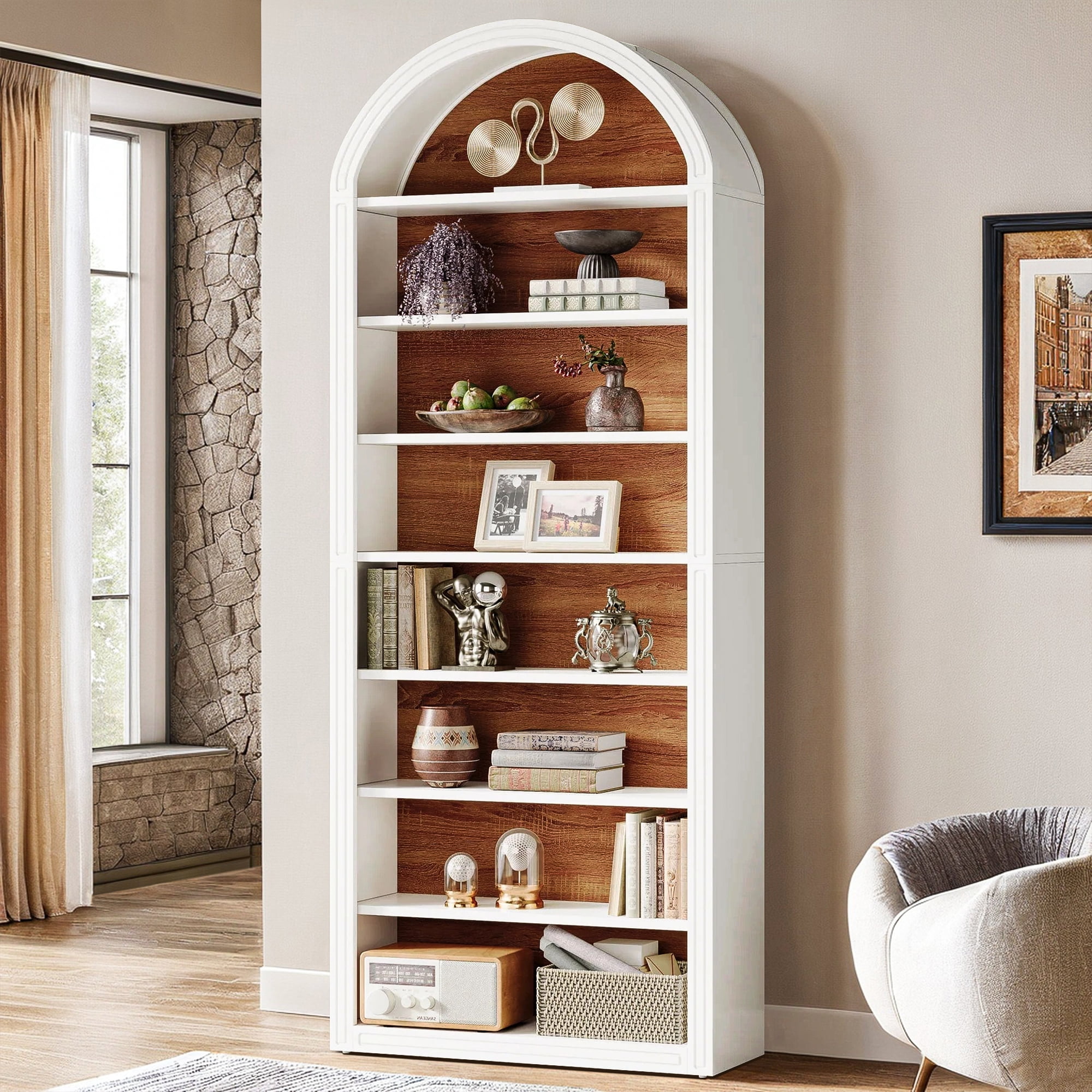Demi Bonn 78.7" Bookshelf, 8-Tier Wooden Arched Bookcase Display Shelving Unit for Bedroom, Living Room, White