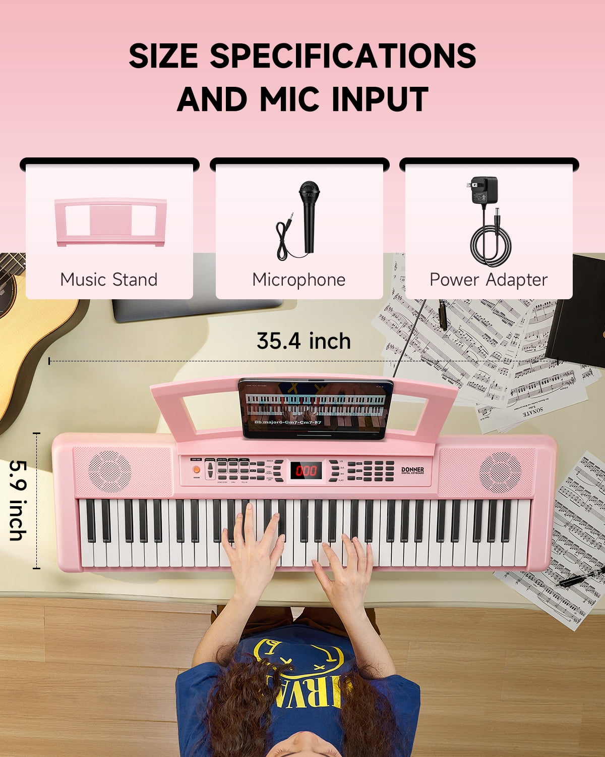Donner DEK-100 61-Key Portable Digital Piano for Beginners, 128 Tones & Rhythms, Sustain Pedal, Auto Accompaniment, Lightweight & Compact, Pink