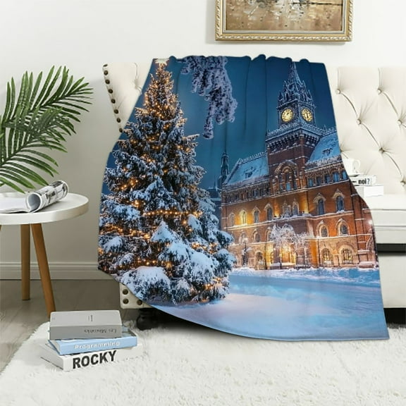 Autua Christmas Tree Snow Clock Tower Warm Lightweight Blanket Soft Fleece Blankets Throw Blanket Living Rooms Sofa Decor Cow Gifts Blanket All Seasons Super Soft Blanket for All Seasons 40x50in