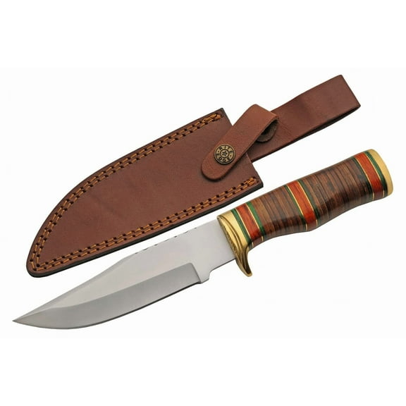 SZCO Supplies 11" Fixed Blade Hunting Knife with Stacked Leather and Wood Handle, Stainless Steel Blade & Leather Sheath
