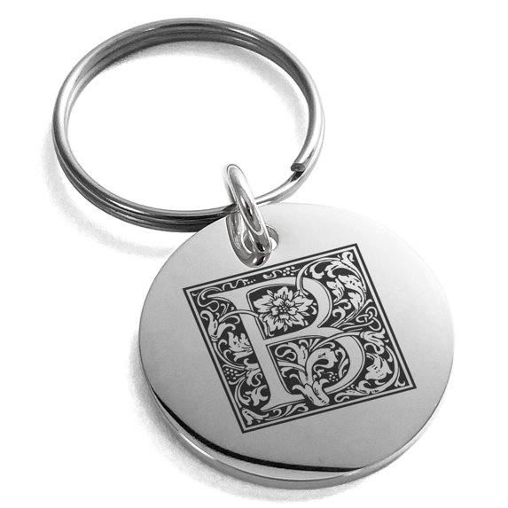 Stainless Steel Letter B Initial Floral Box Monogram Engraved Small Medallion Circle Charm Keychain Keyring