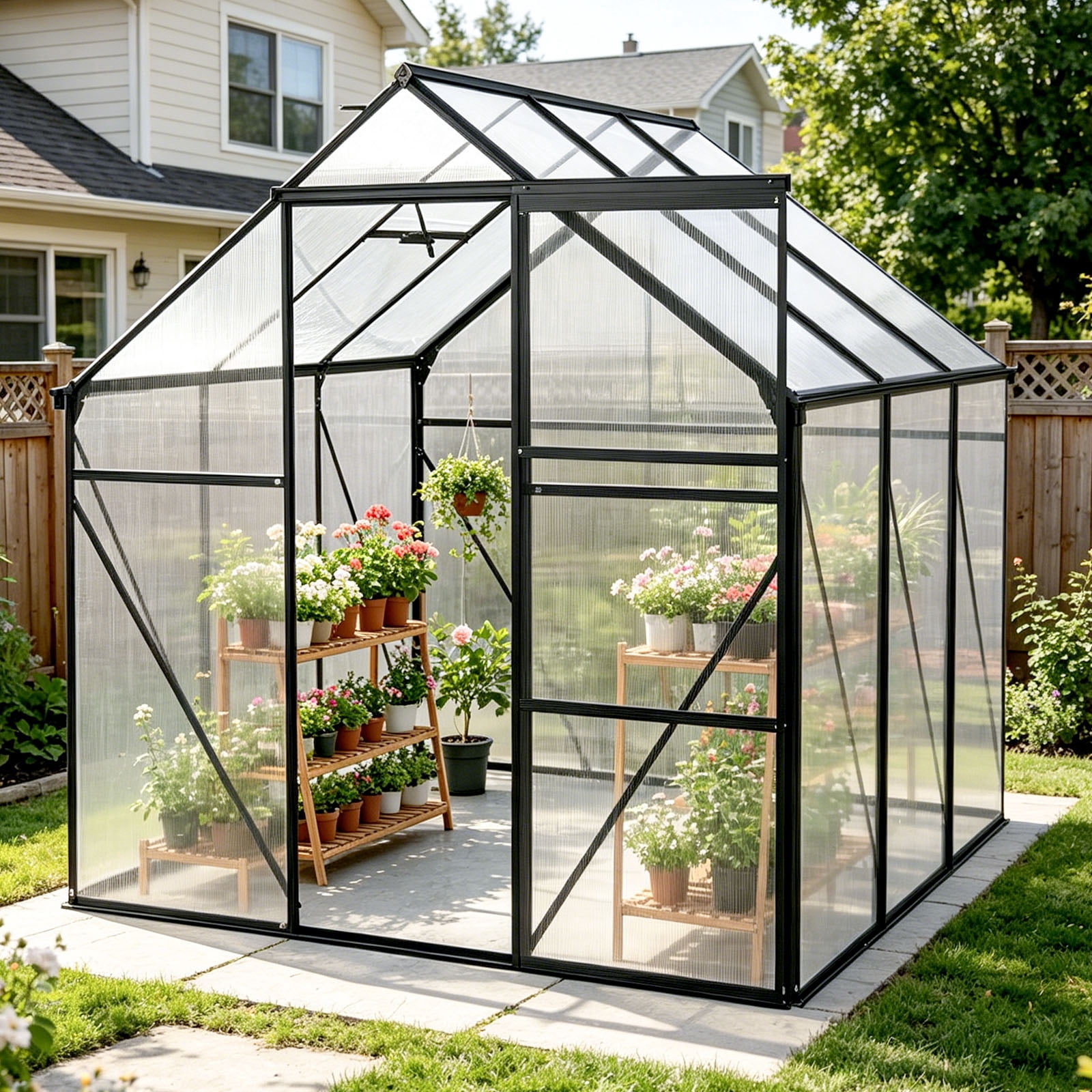 CarButler 6x6ft Polycarbonate Greenhouse Heavy Duty Walk-in Garden House with Sliding Door and Vent for Outdoor Garden Backyard Black