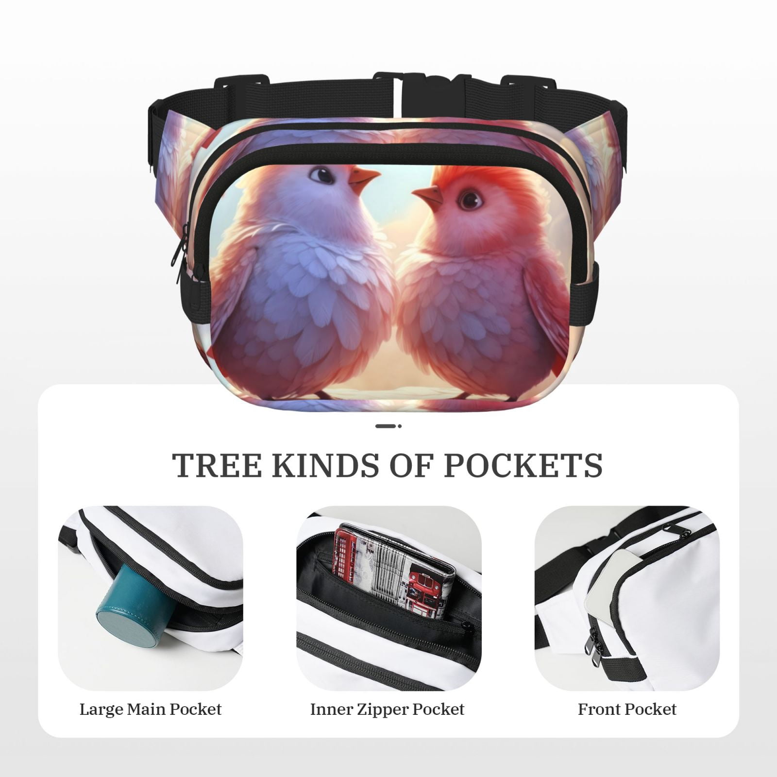 Picia Heart Sky Bird Couple Print Square Double-Layer Waist Bag Mini Adjustable Waist Belt Bag Exercise Running Travel Hiking