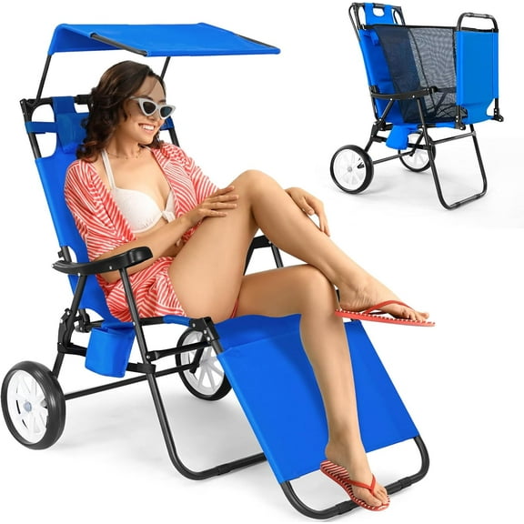 QRKD Beach Cart Chairs with Wheels,2 in 1 Heavy Duty Beach Chair with Canopy Shade, Folding Lounge Chair with Integrated Wagon Pull Cart Combination,Perfect for Backyard, Pool or Picnic,Surfside Dream