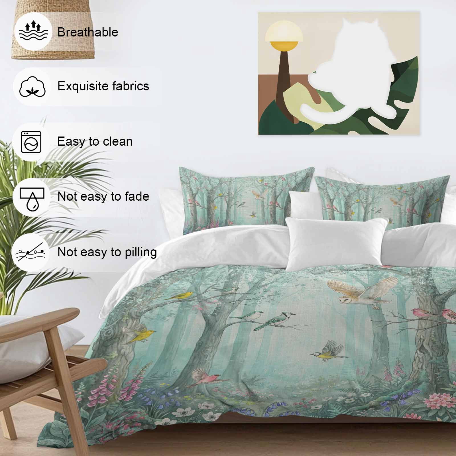 Watercolor Forest Birds Bedding 3 Piece Duvet Cover Set Full Size, Green Trees Seasonal Floral Soft Microfiber Comforter Cover with Zipper Closure & Pillowcases, Wrinkle & FadeResistant Quilt Cover