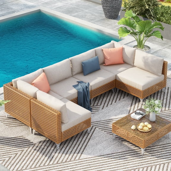 7pcs Luxury Patio Furniture Set, Outdoor Sectional Conversation Sofa Set with Beige Thick Cushions, Tempered Glass Coffee Table, Modular Outdoor Couch for Porch, Backyard, Poolside & Garden