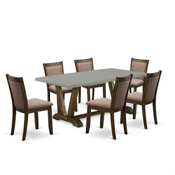 East West Furniture V-Style 7-Piece Wood Dining Set in Coffee/Jacobean/Cement