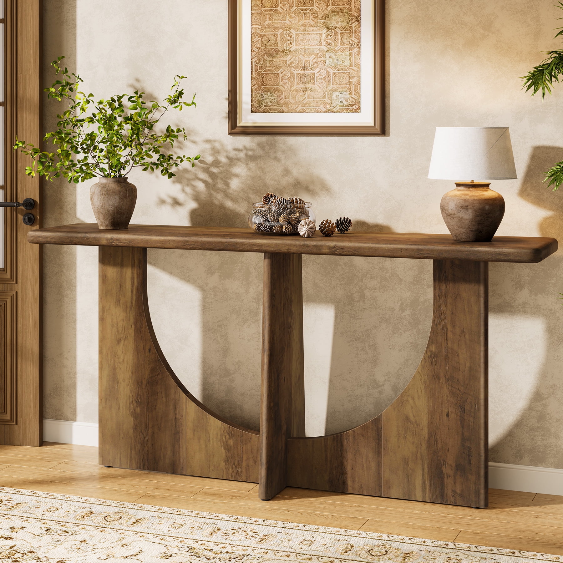 Finmind 71-inch Console Table for Entryway, Farmhouse Entryway Table with Sturdy Geometric Frame and Rounded Corner, Rustic Brown