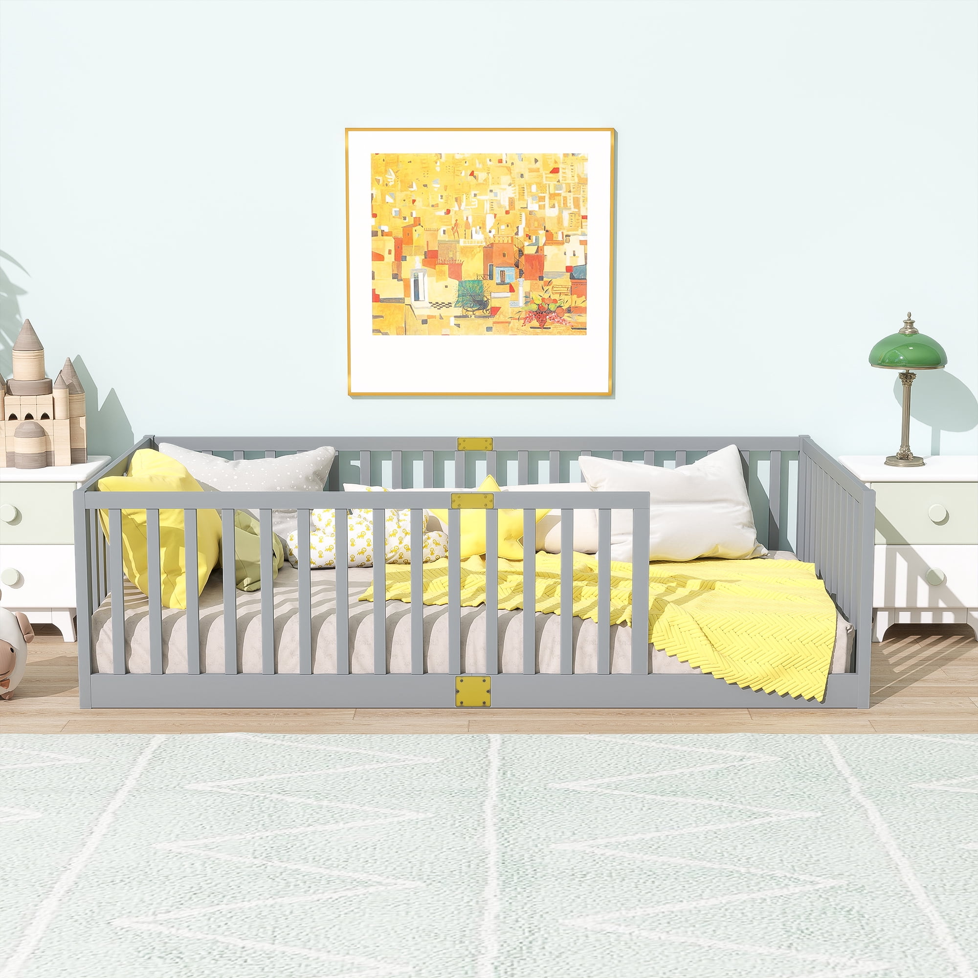 Sailvan Twin Floor Bed with High Fence Railings, Solid Rubber Wood Kids Platform Bed Frame Grey