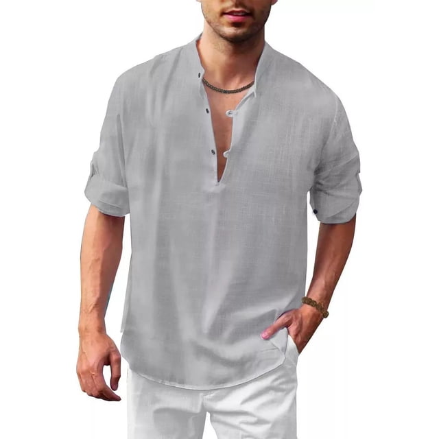 Camisa Henley De Lino Con Cuello Alto, Manga Larga, Casual,