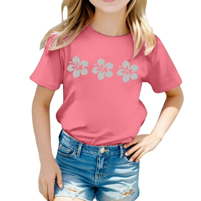 WEIYLL T-Shirts pour Filles à Imprimé Floral, Col Rond, Manches Courtes, Décontractés, Doux, Coupe Ajustée, Hauts pour Enfant de 5-6 Ans